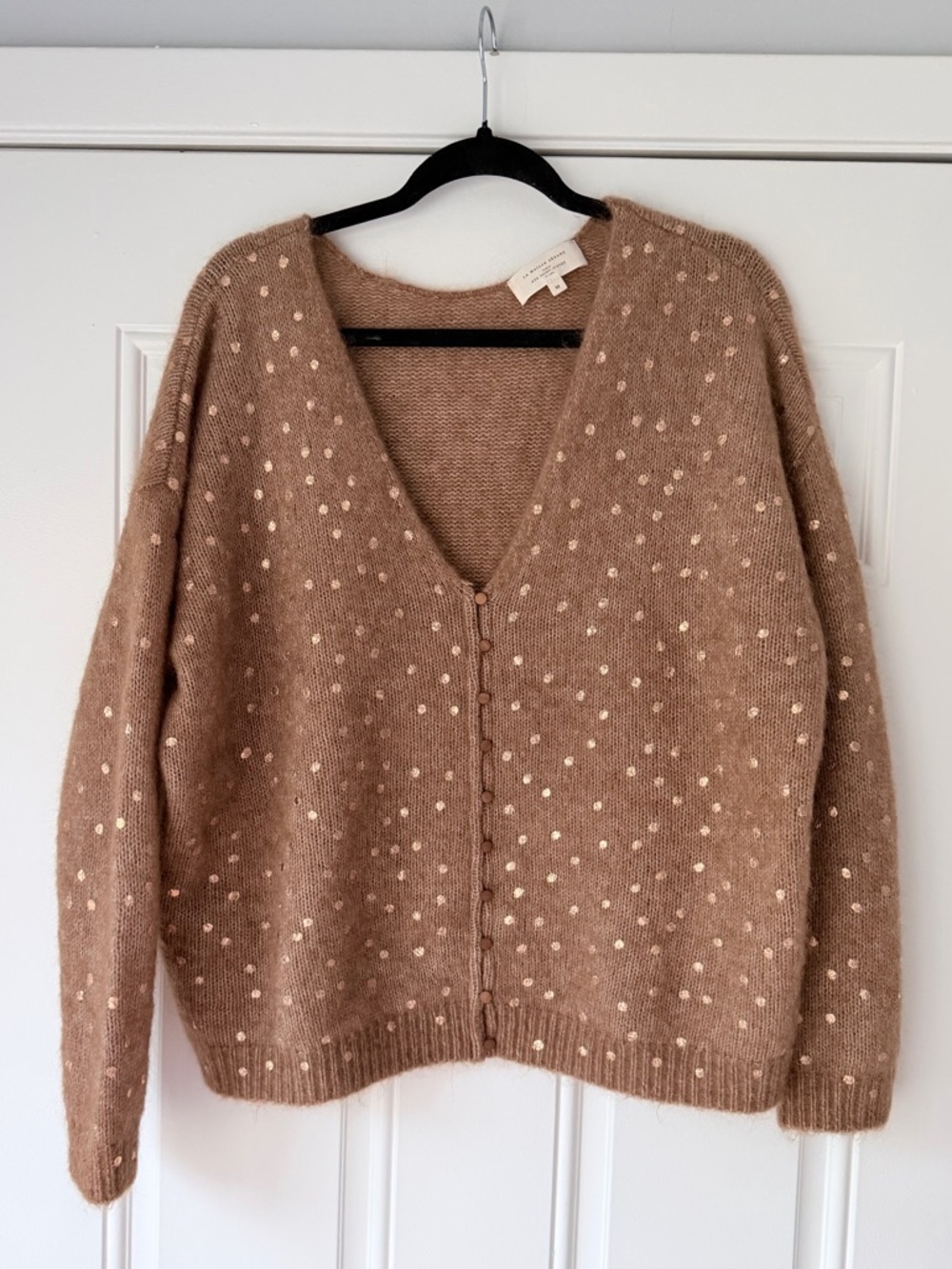 Sezane Lizy Cardigan Camel Gold Polka Dot French Wool size M brown sweater - Picture 2 of 5